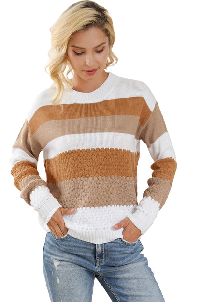 Chestnut Striped Cable Knit Drop Shoulder Sweater