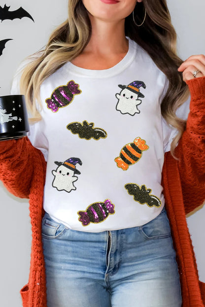 Halloween Sequin Ghost Candy Bat Graphic Casual T Shirt