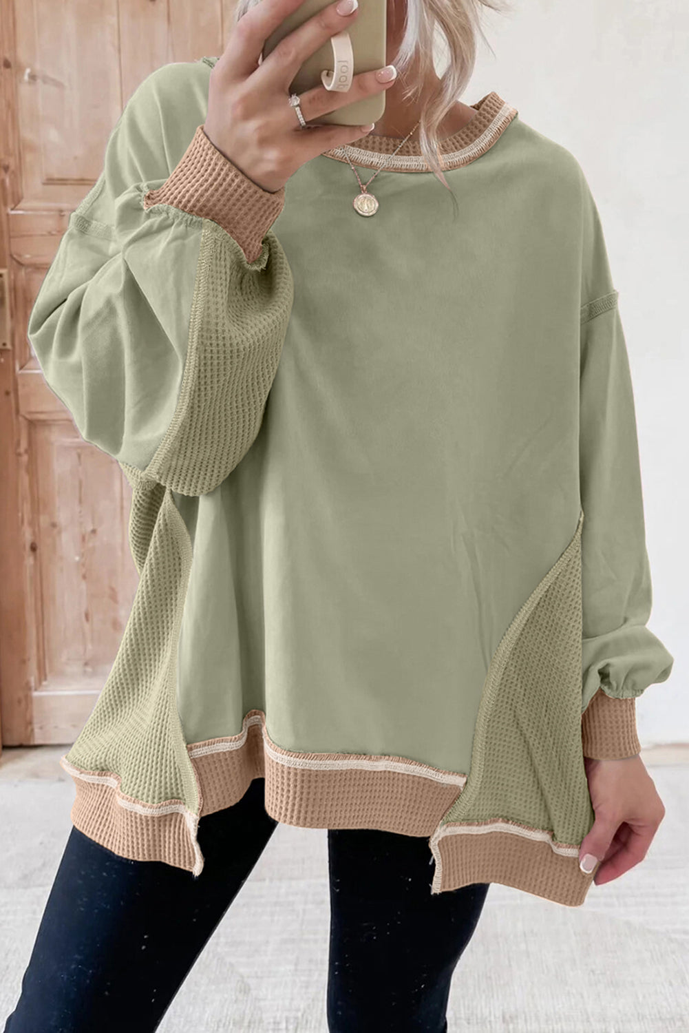 Color Block Patchwork Waffle Knit Oversized Sweatshirt