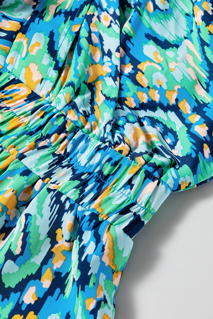 Green Abstract Print V Neck Puff Sleeve Smocked Romper
