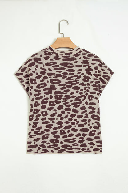 Khaki Leopard Knit Short Sleeve Pullover Sweater