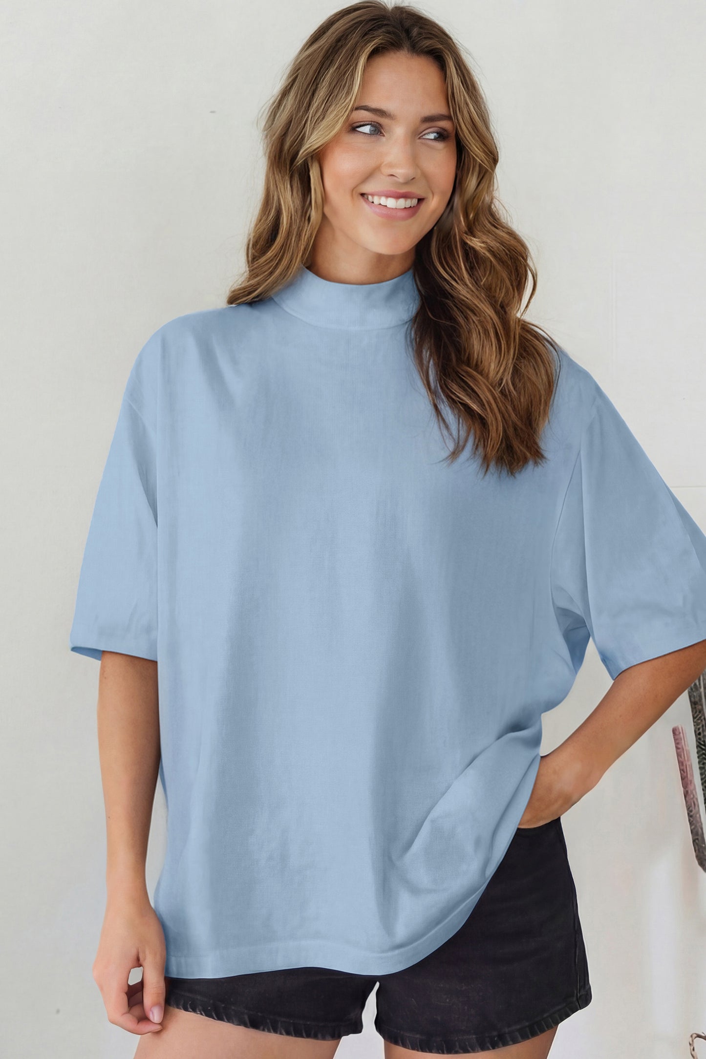 Dark Blue Oversized Mock Neck Tee Casual Relaxed Top
