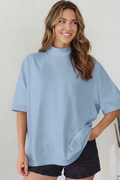 Dark Blue Oversized Mock Neck Tee Casual Relaxed Top