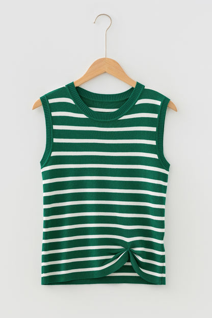 Green Striped Sleeveless Knit Sweater Vest Casual Top