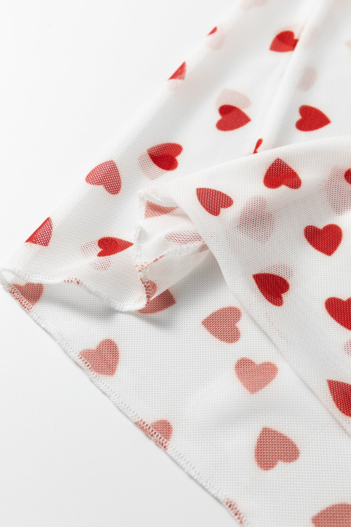 Racing Red Allover Heart Print Mesh Short Sleeve Top