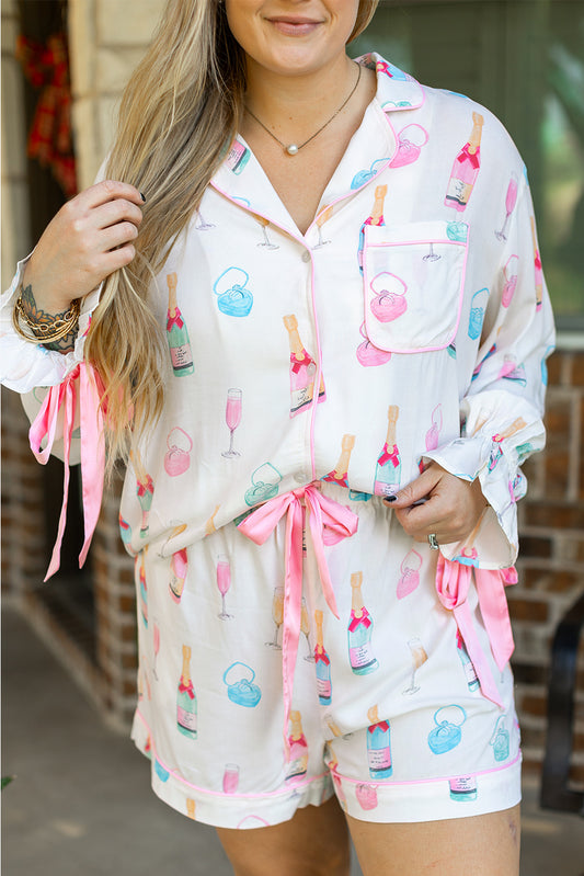 Valentine’s Day White Plus Size Wine Print Bow Pajama Set