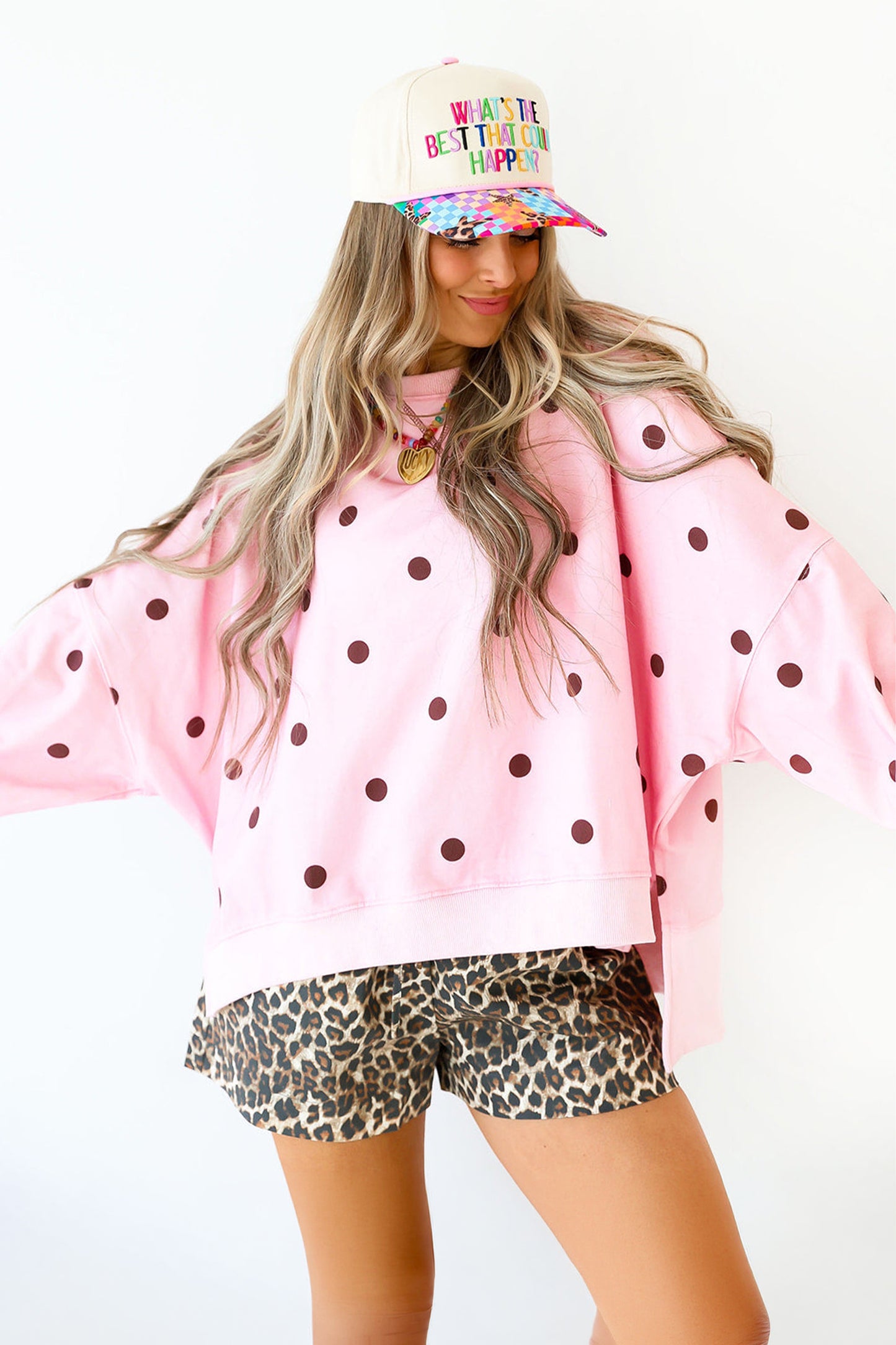 Polka Dot Oversized Long Sleeve Tee Split Hem
