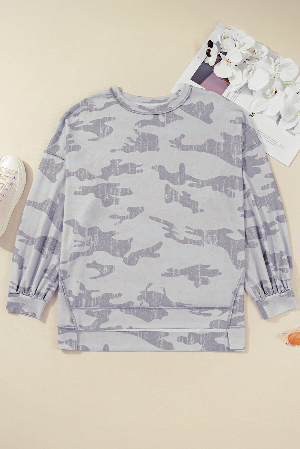 Plus Size Camo Print Round Neck Oversized Sweatshirt