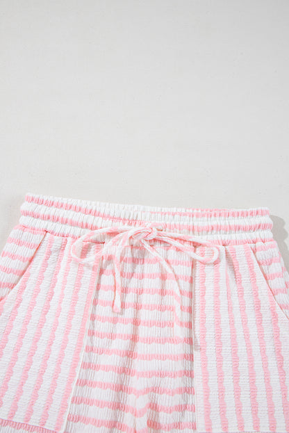 Pink Stripe Textured Knit Lounge Set Drawstring Shorts