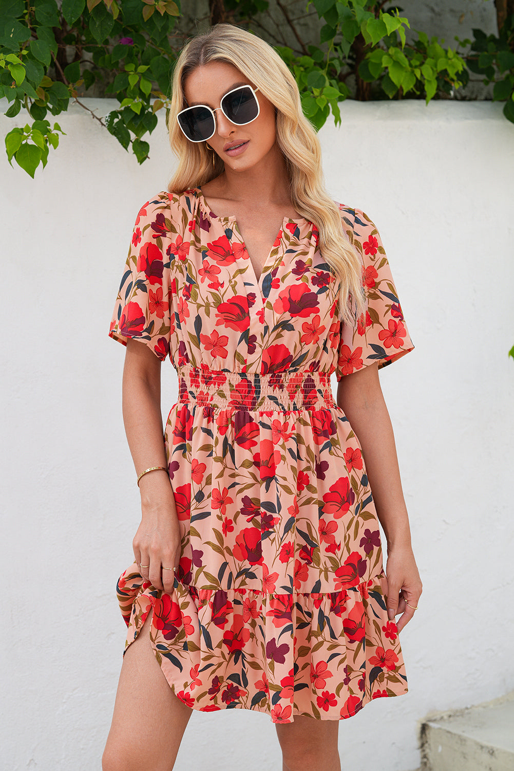 Boho Floral V Neck Smocked Waist Mini Dress
