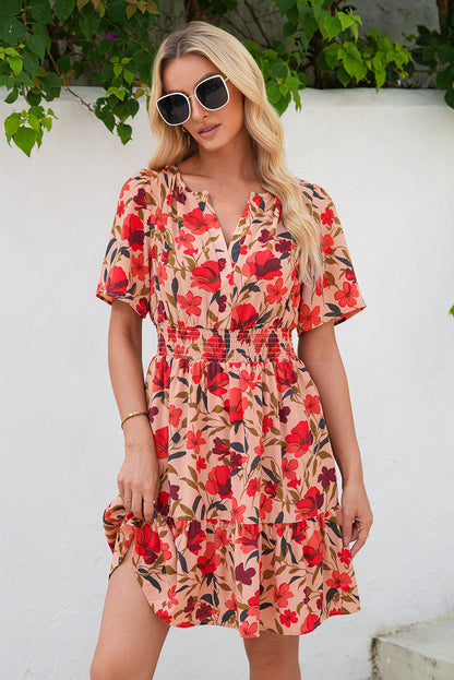 Boho Floral V Neck Smocked Waist Mini Dress