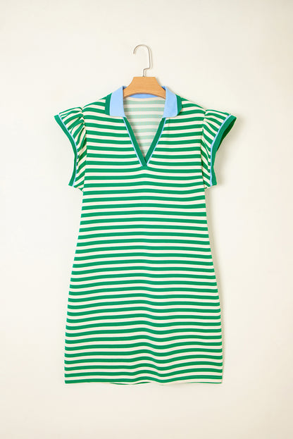 Green Stripe Contrast Collar Flutter Sleeve Mini Dress