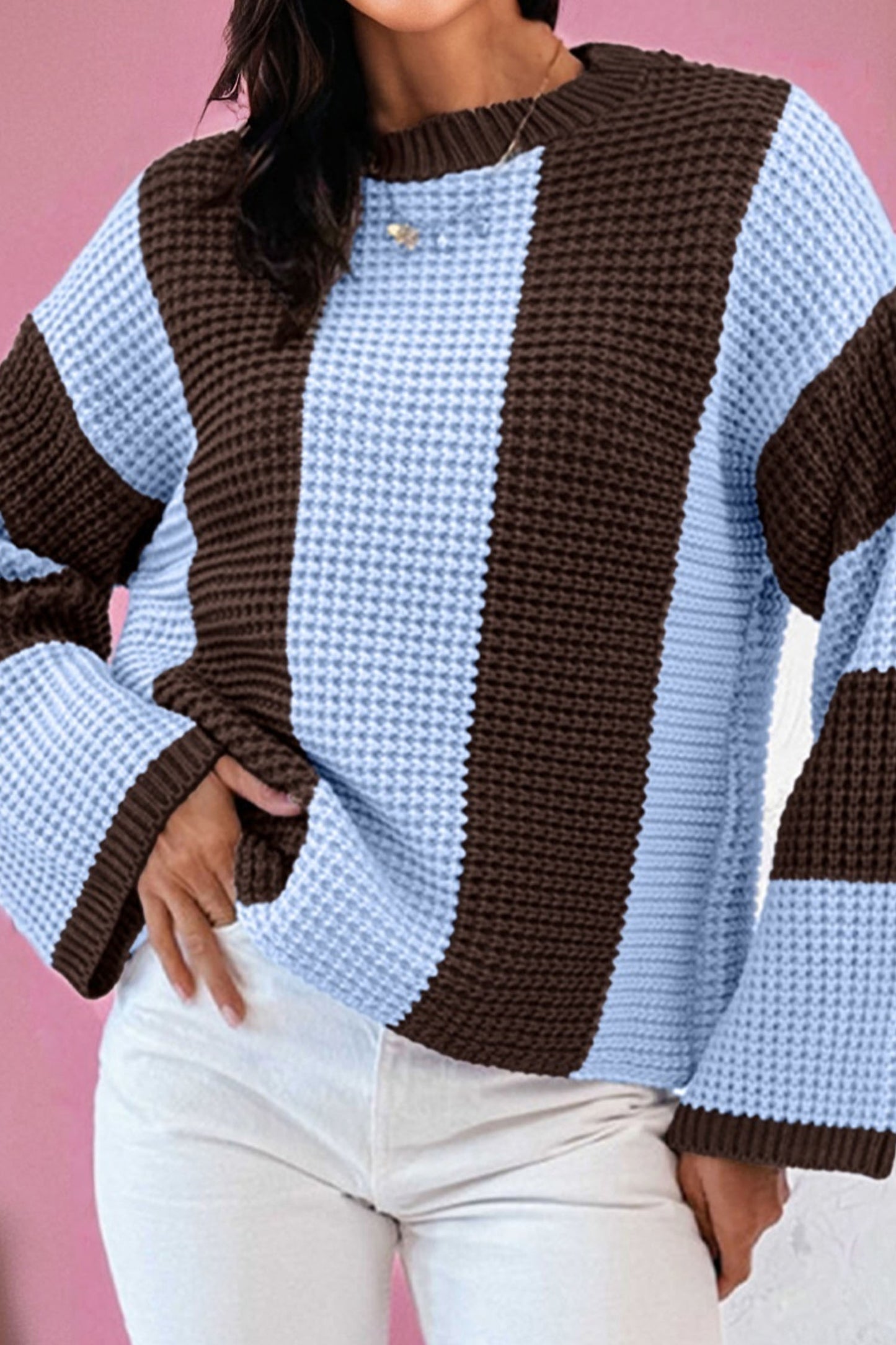 Women's Color Block Striped Knit Sweater Drop Shoulder