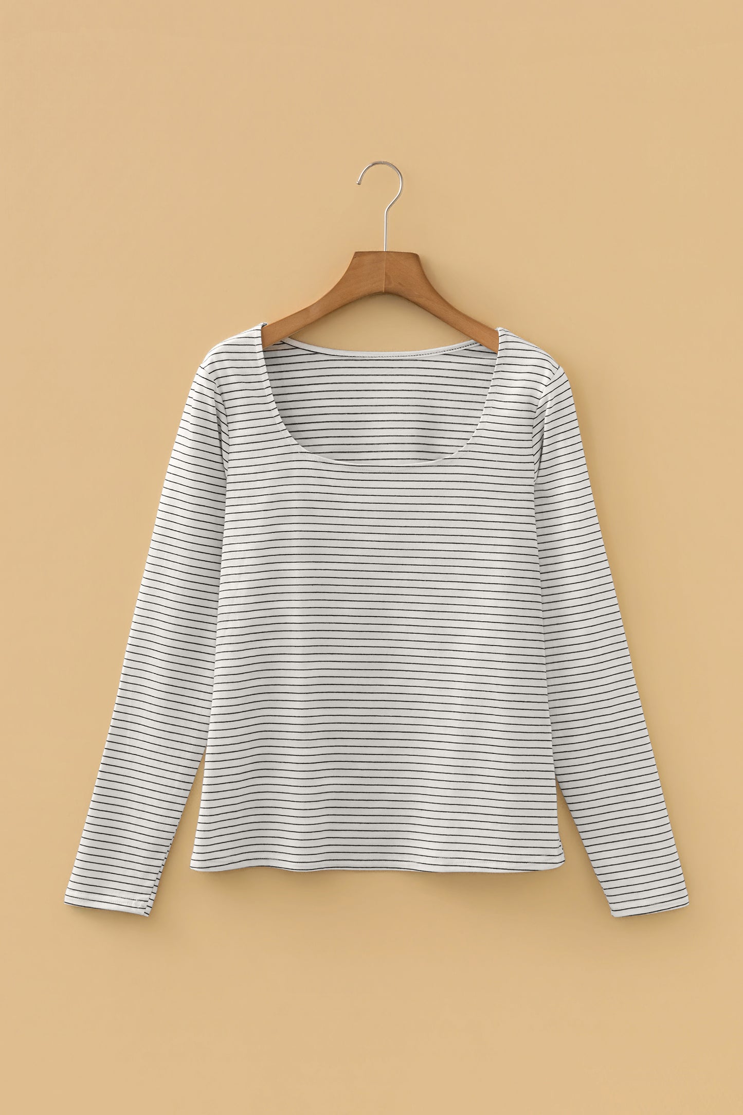 Striped Square Neck Long Sleeve Stretch Knit Top for Women