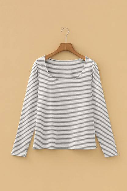 Striped Square Neck Long Sleeve Stretch Knit Top for Women