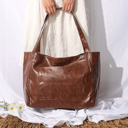 Vintage Soft PU Leather Tote Bag with Front Pocket