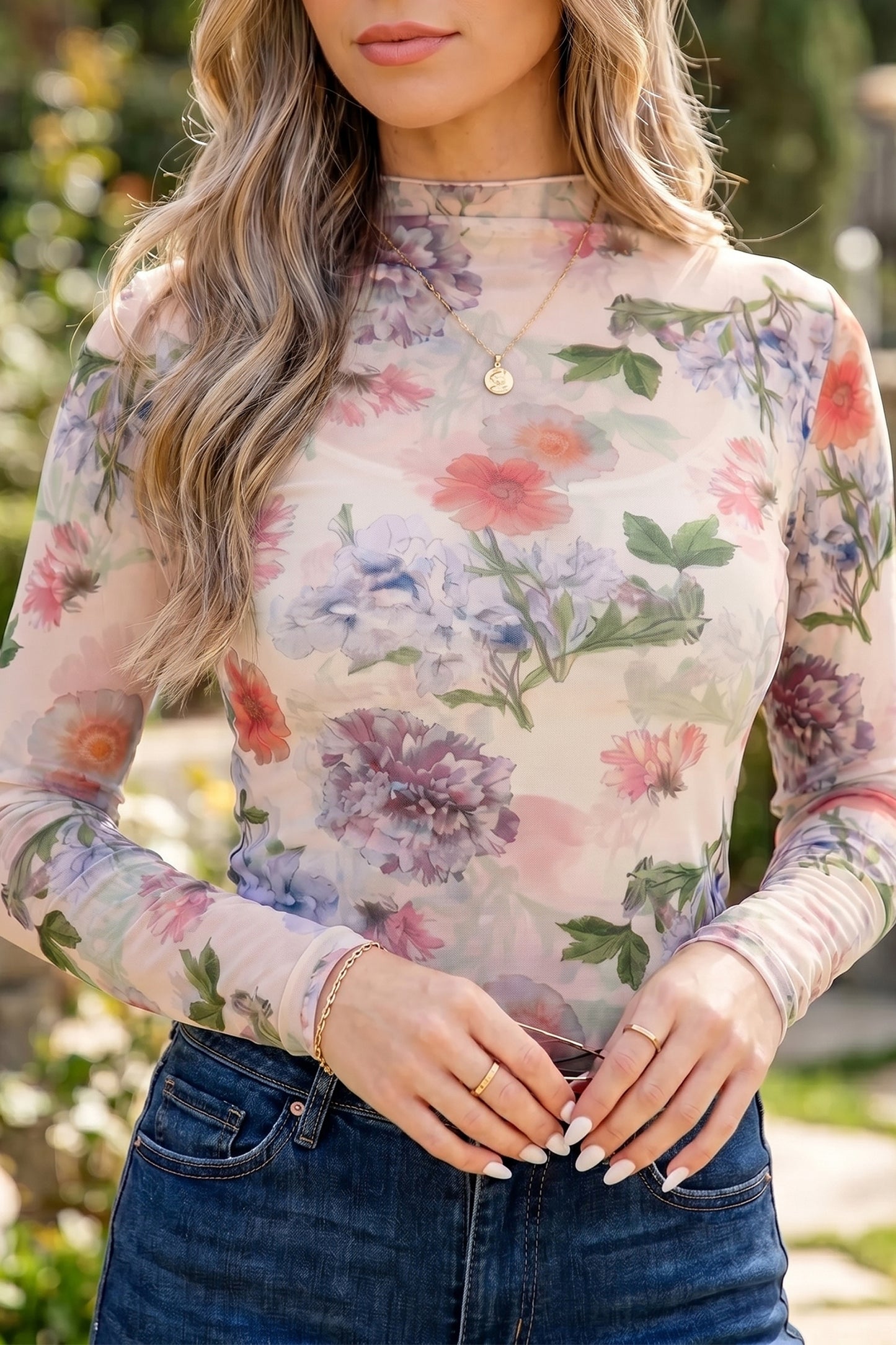Apricot Floral Mesh Mock Neck Thumbhole Long Sleeve Top