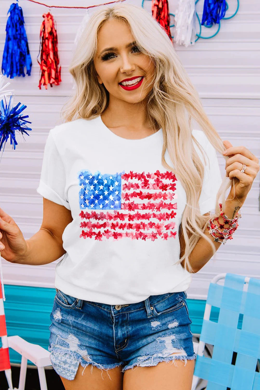 USA Floral Flag Tee Independence Day Patriotic Top