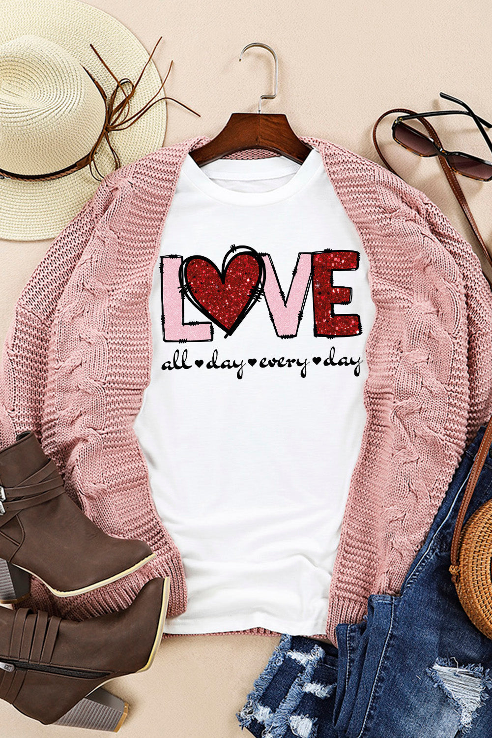 Valentines Day White LOVE Heart Graphic Crew Neck Tee