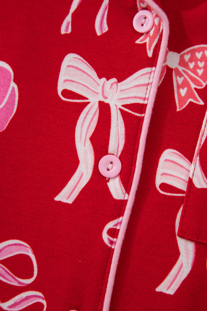 Valentine Red Bow Print Ruffle Pajama Shorts Set for Women