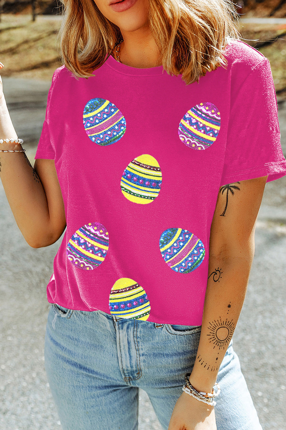 Rose Red Sequin Easter Egg Graphic Crew Neck Tee