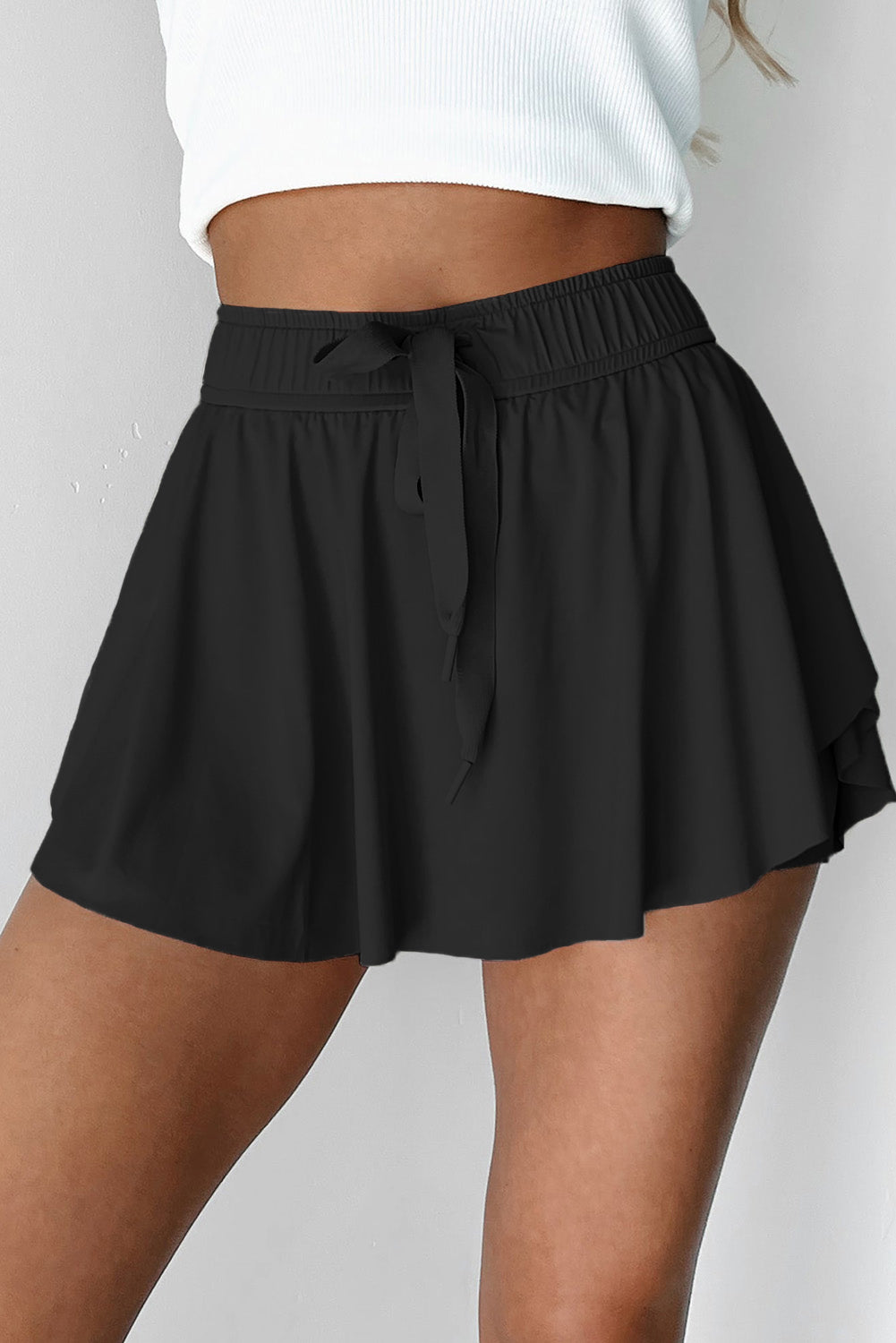 Black High Waist Drawstring Tennis Skort with Lining