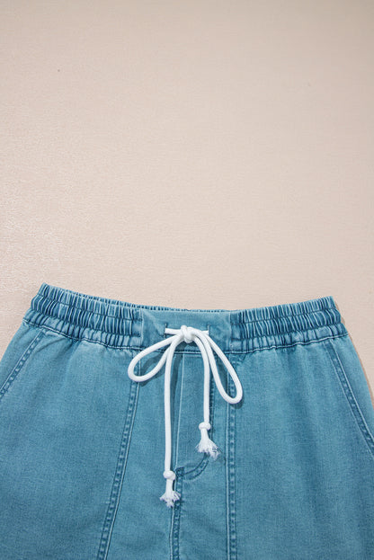 Light Wash Drawstring Denim Shorts Elastic Waist Pockets