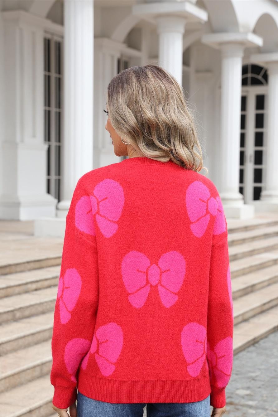 Oversized Bow Knit Sweater - Pink Pullover for Women