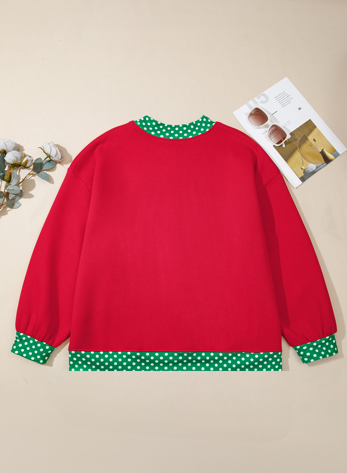 Polka Dot Trim Plus Size Crew Neck Tunic Sweatshirt