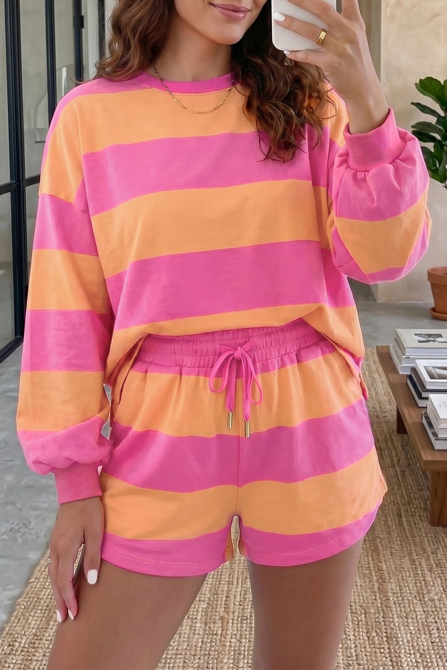 Pink Orange Stripe Lounge Set 2pc Shorts Set Sweatshirt