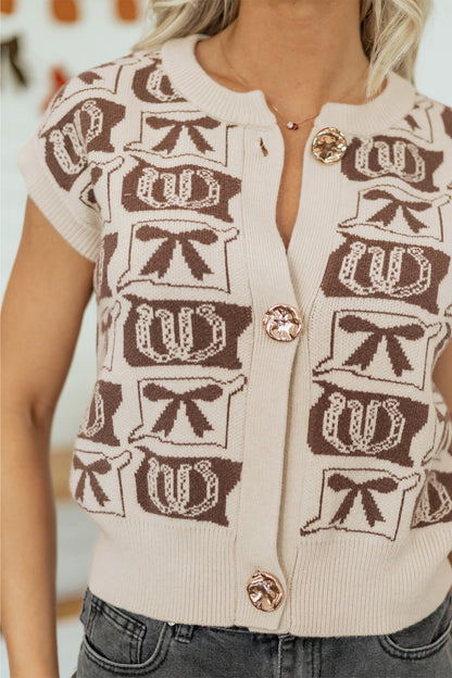 Western Horseshoe Bow Knit Sweater Vest Button Front