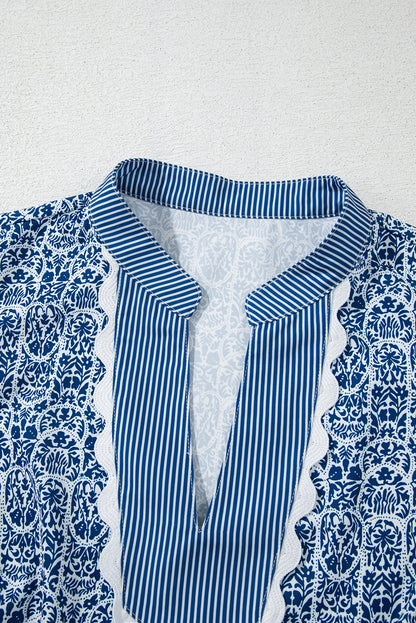 Blue Floral Contrast Puff Sleeve Notch Neck Top