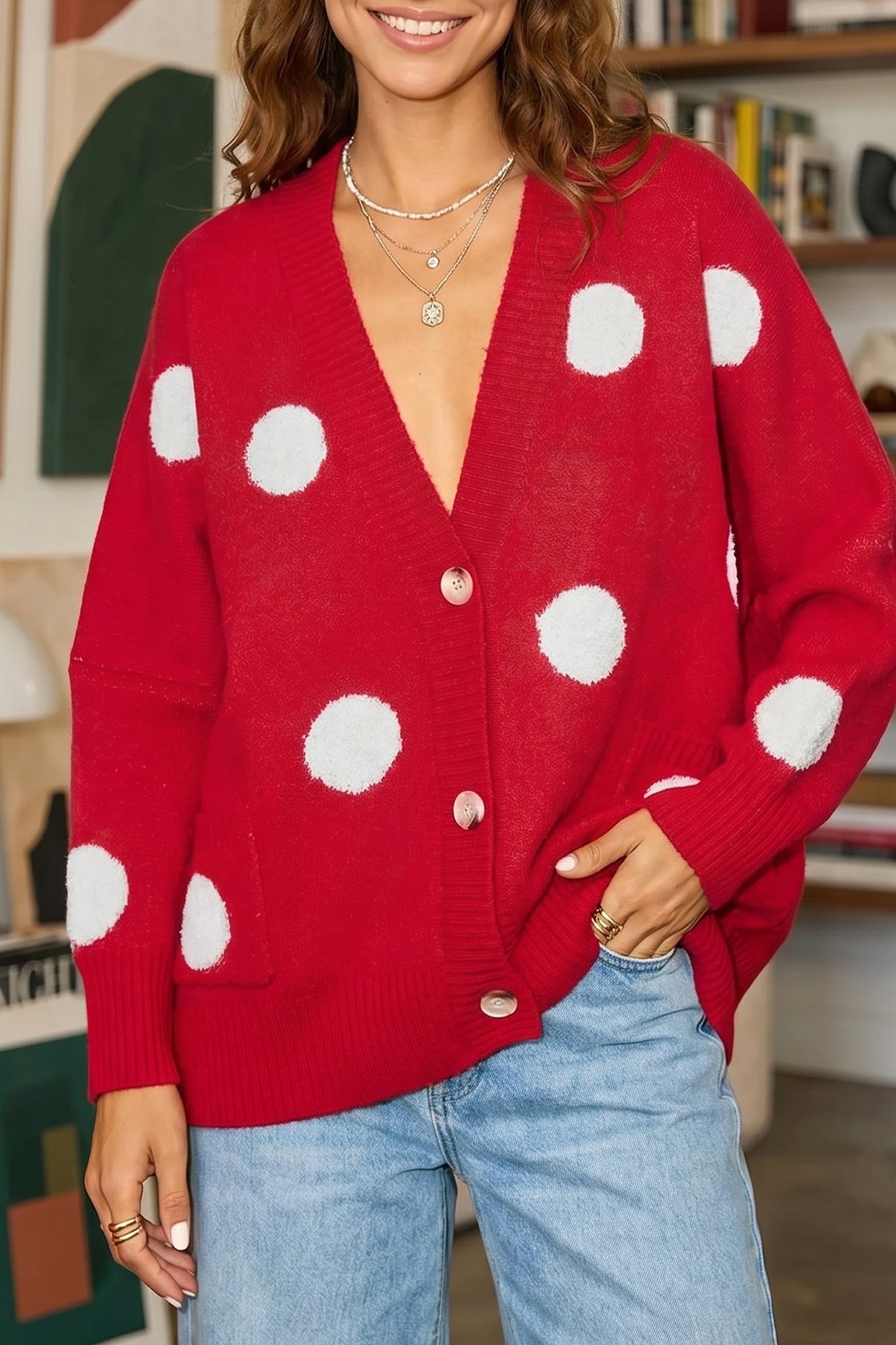 Polka Dot Oversized V Neck Knit Cardigan Sweater