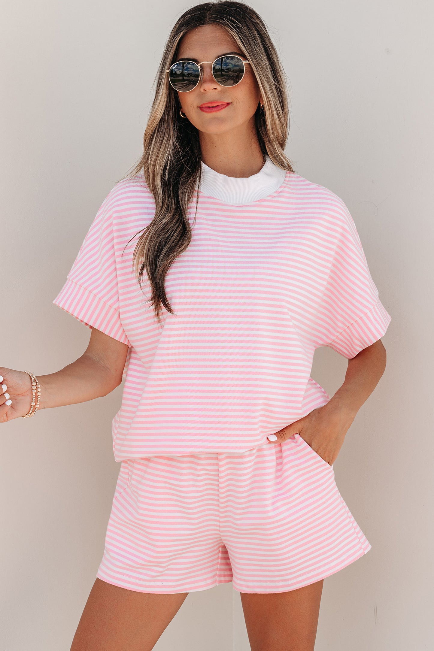 Casual Stripe 2 Piece Short Set Women Lounge Outfit
