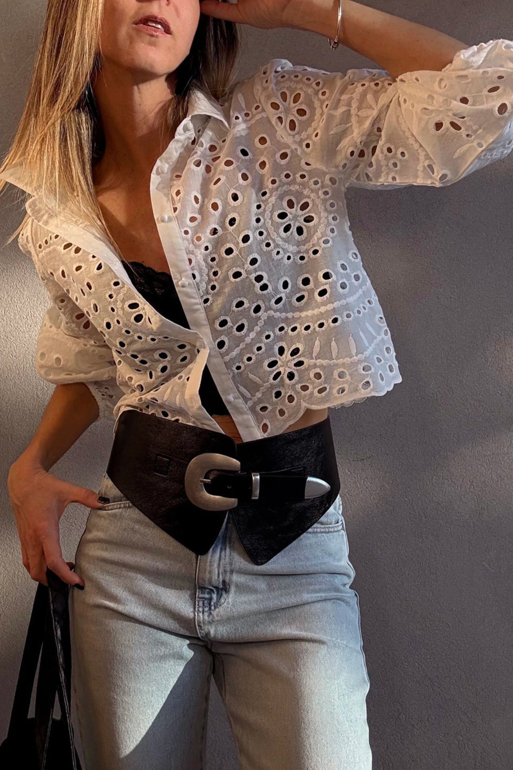 White Eyelet Embroidered Puff Sleeve Button Crop Shirt