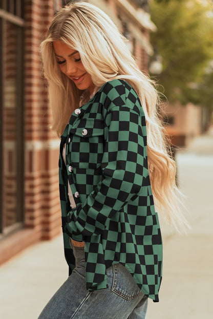 Checkerboard Print Flap Pocket Button Front Shacket