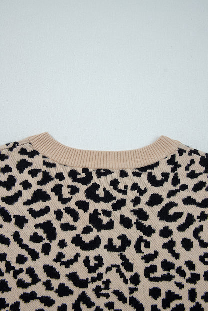 Leopard Drop Shoulder Chunky Knitted Cardigan Sweater