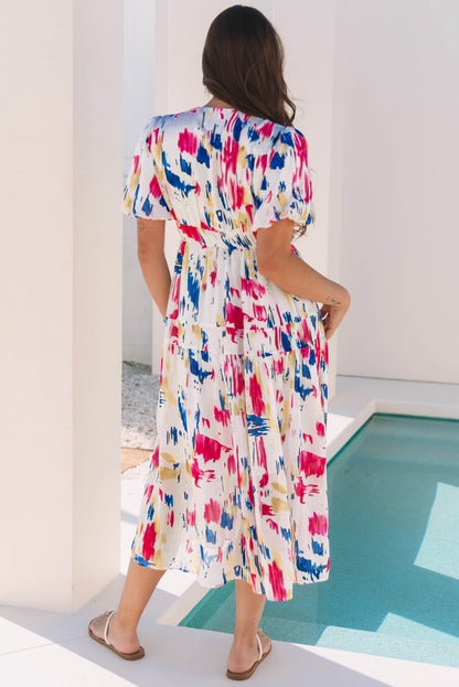 Abstract Print Puff Sleeve V Neck Tiered Maxi Dress