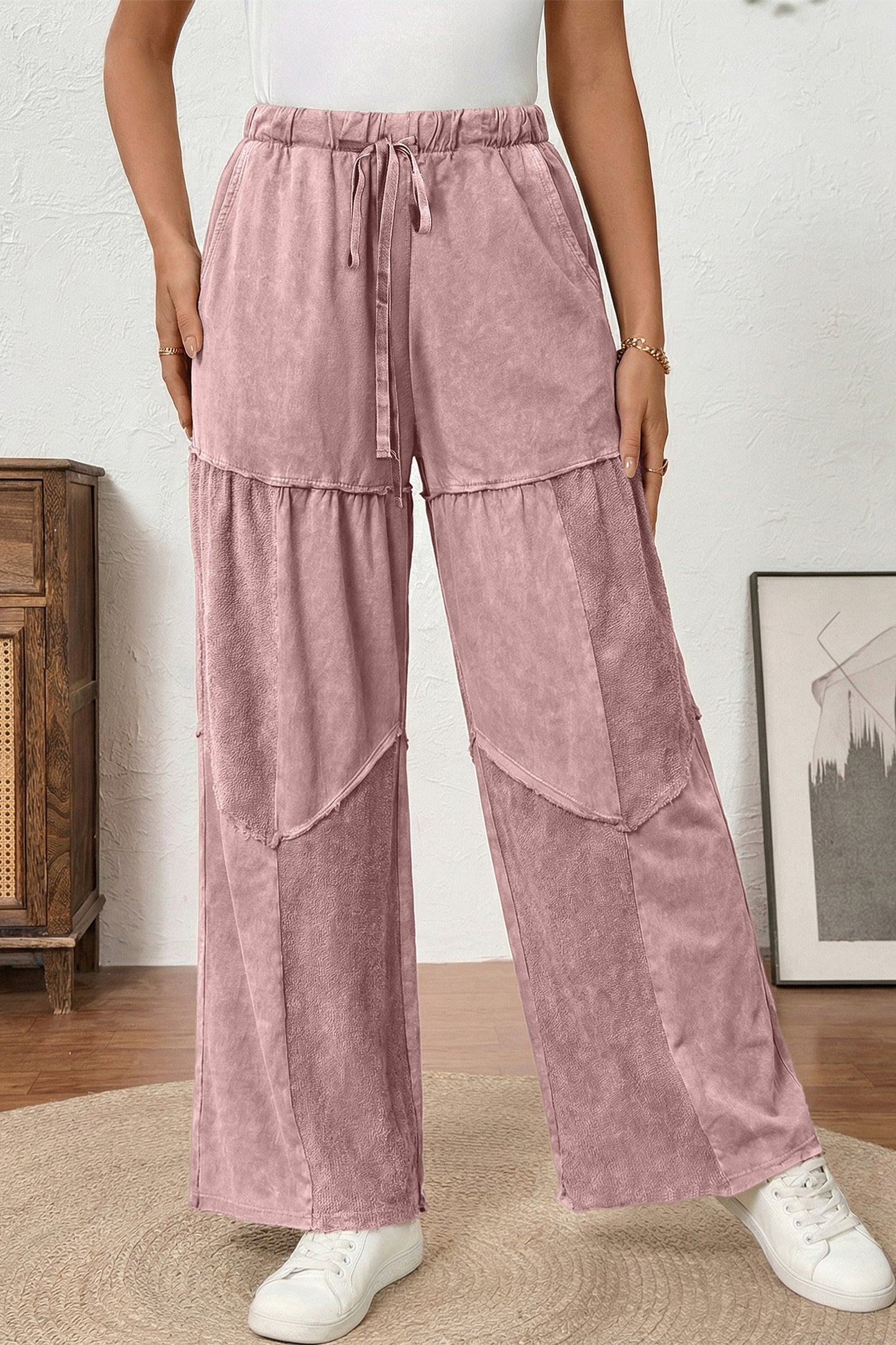 Women's Black Mineral Wash Wide Leg Patchwork Pants