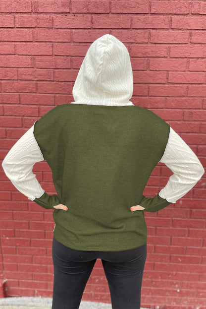 Jungle Green Color Block Textured Buttoned Kangaroo Pocket Hoodie