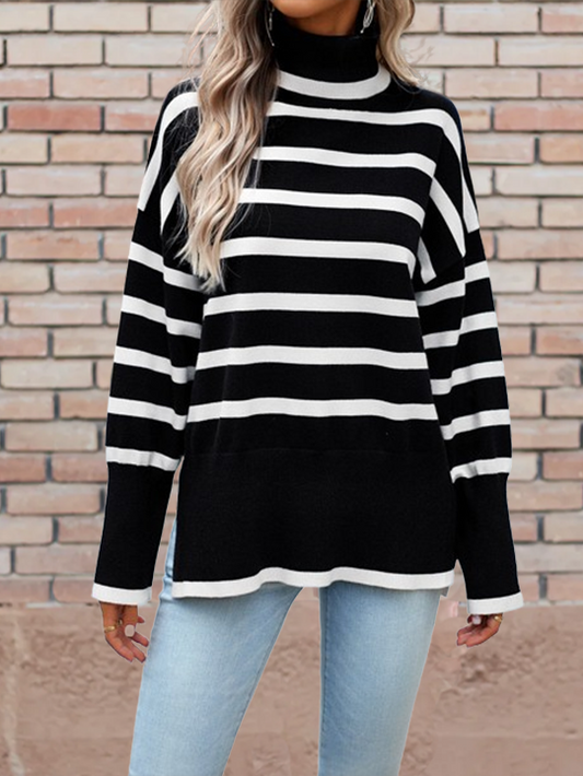 Long Sleeve Knitted Pullover with Turtleneck and Stripes