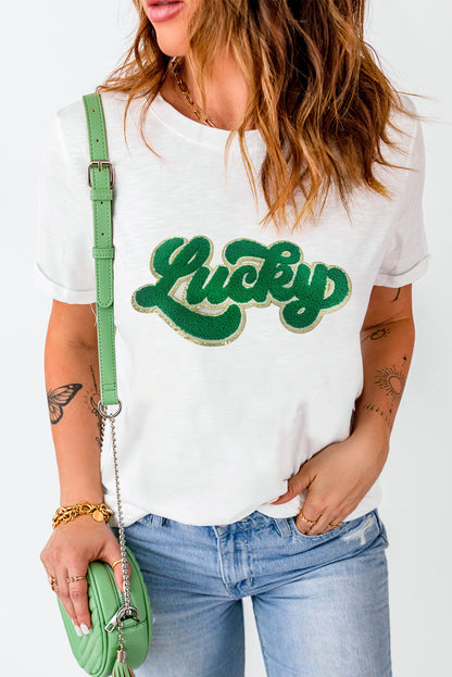 White Lucky Chenille Patch Graphic Tee for St Patrick