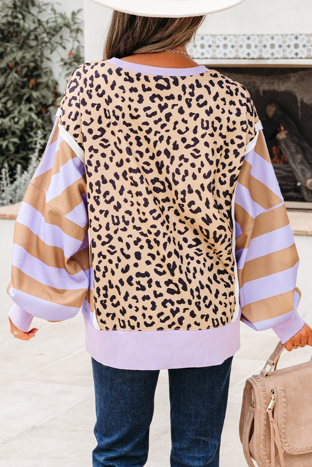 Khaki Stripe Colorblock Leopard Oversized Sweatshirt