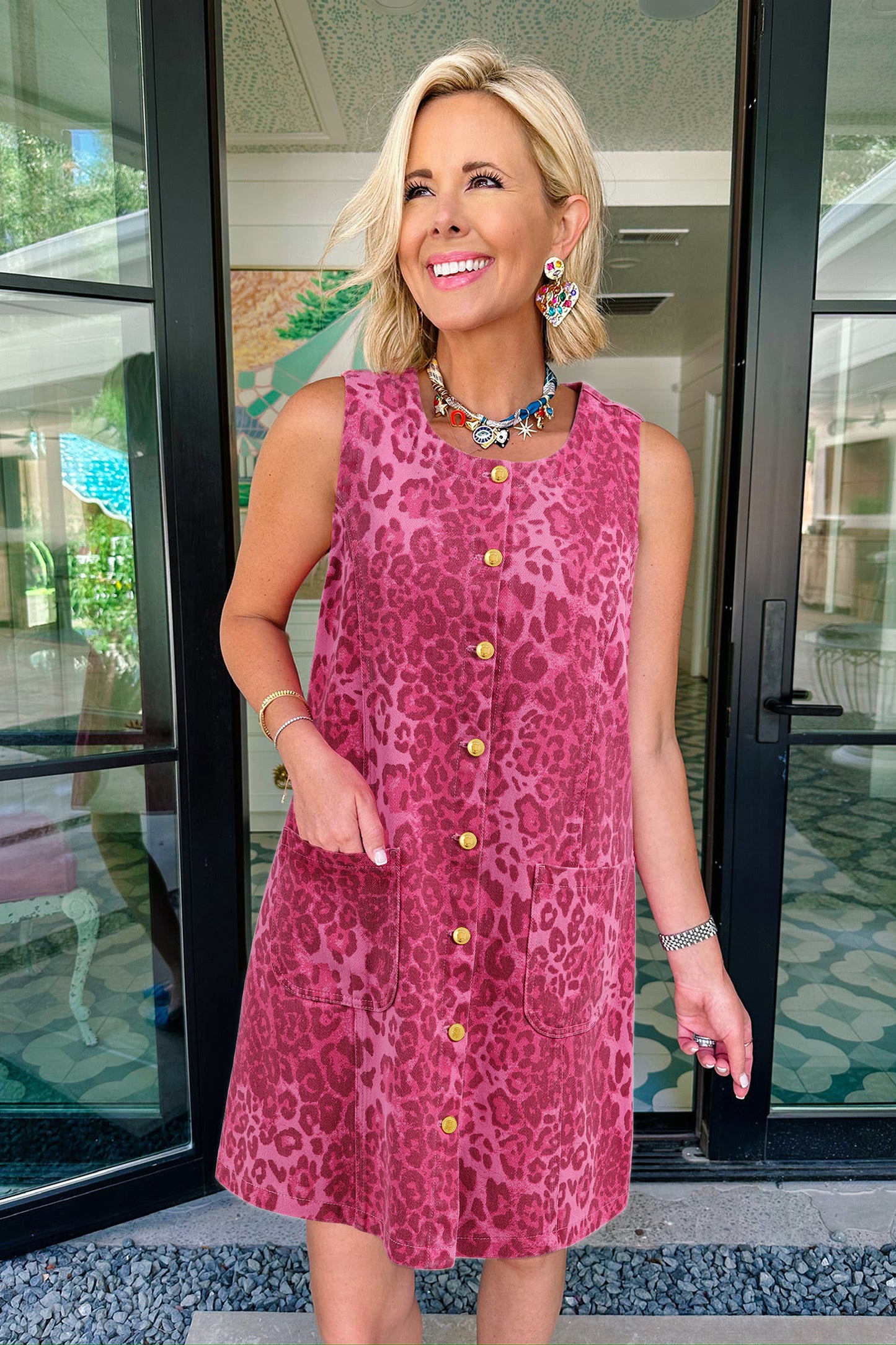 Leopard Print Button Front Sleeveless Shift Mini Dress