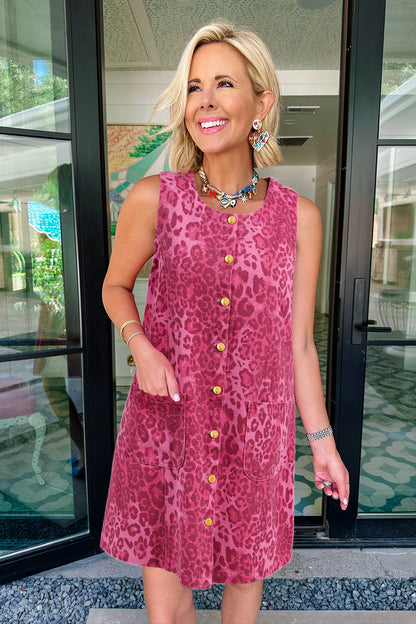 Leopard Print Button Front Sleeveless Shift Mini Dress