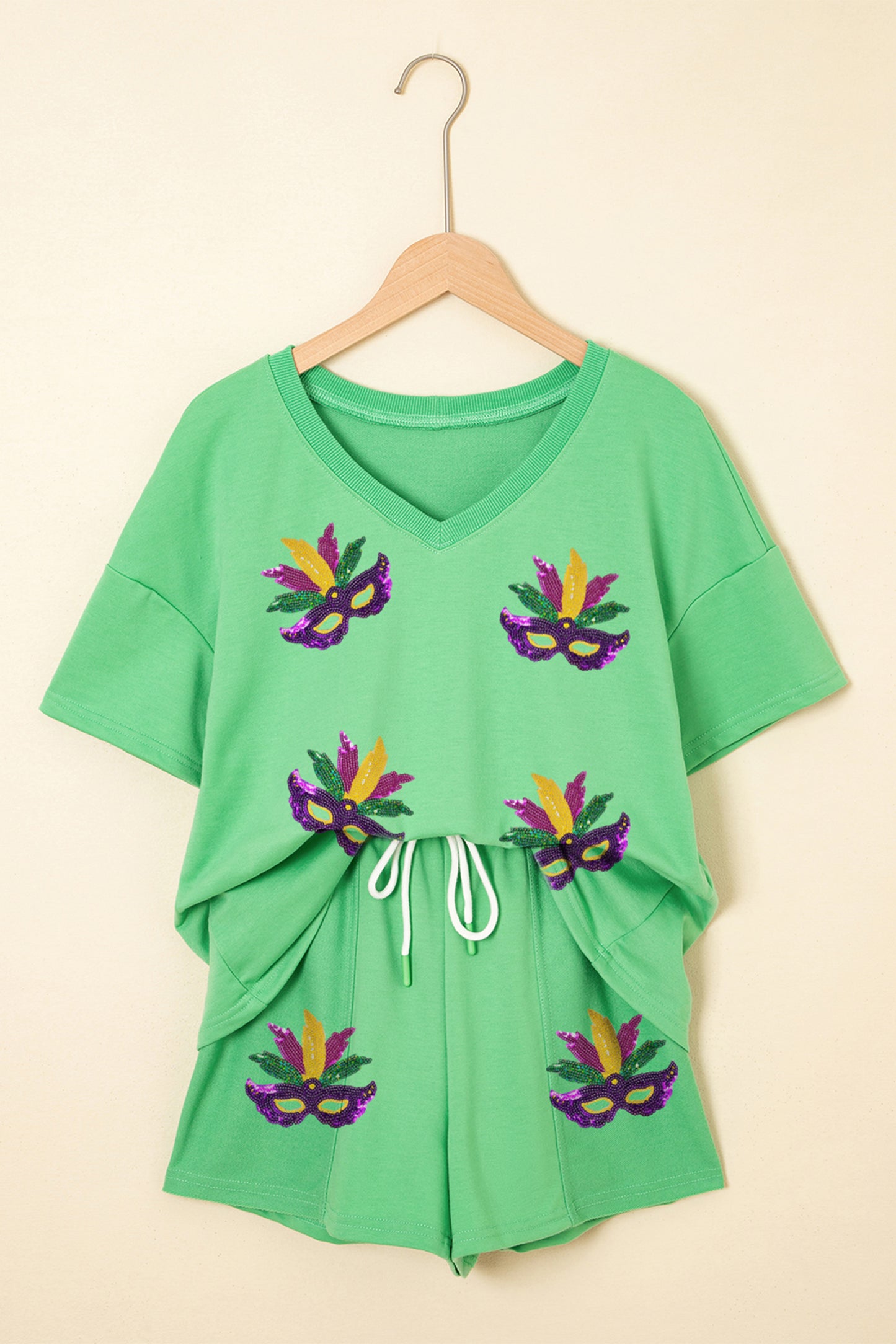 Mint Green Mardi Gras Sequin Mask Tee & Shorts Set