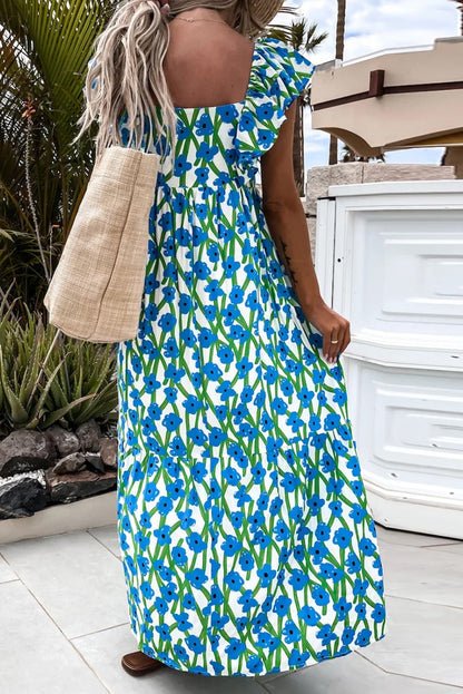 Pink Floral Square Neck Ruffle Sleeve Maxi Dress