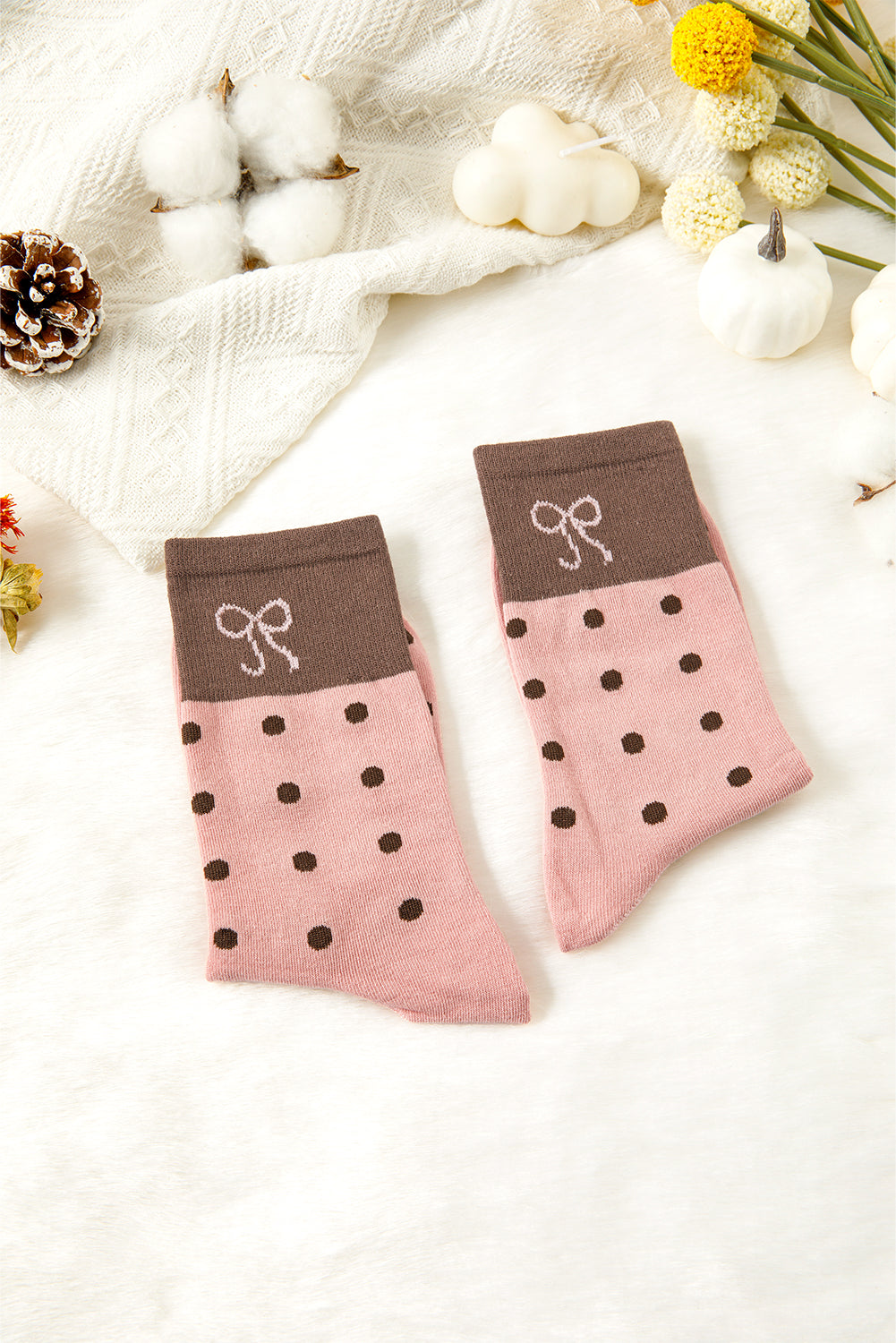 Polka Dot Bow Crew Socks Soft Cute Contrast Block