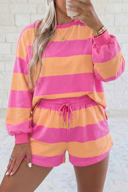Pink Orange Stripe Lounge Set 2pc Shorts Set Sweatshirt