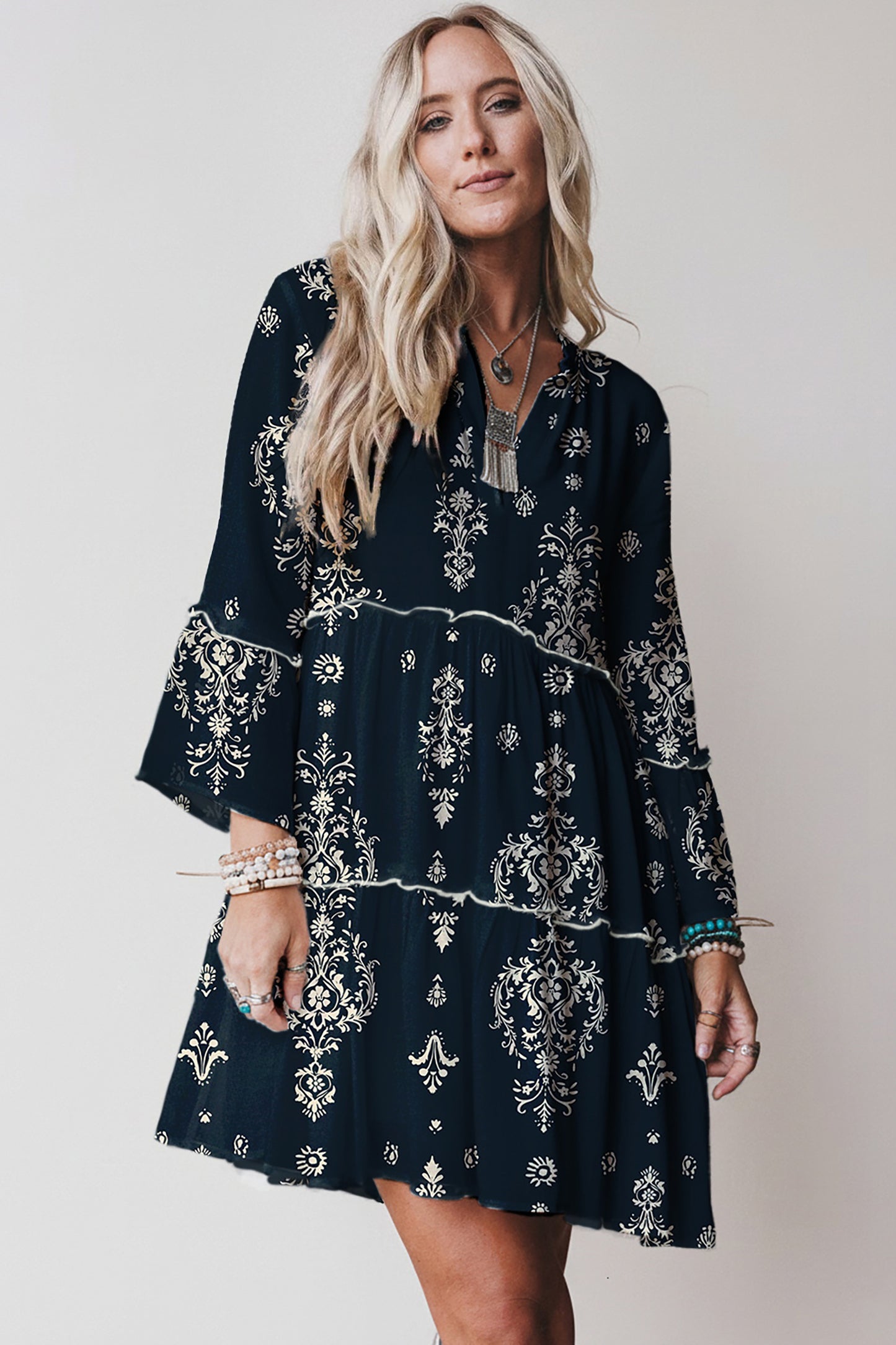 Blue Boho Floral Print Lettuce Trim 3/4 Sleeve Mini Dress